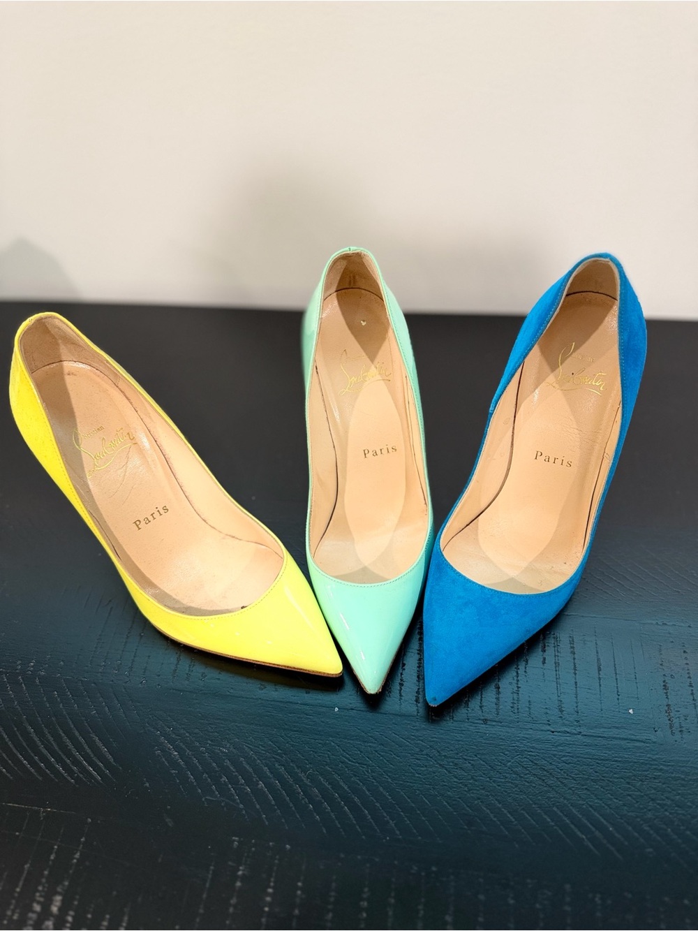 Christian Louboutin Trio of Pointed Toe Pumps in Yellow, Mint, Blue